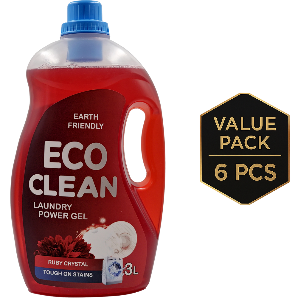 EcoClean Liquid Laundry Power Gel 3L bottle bundle of 6 - eco friendly concentrated detergent for UAE hard water